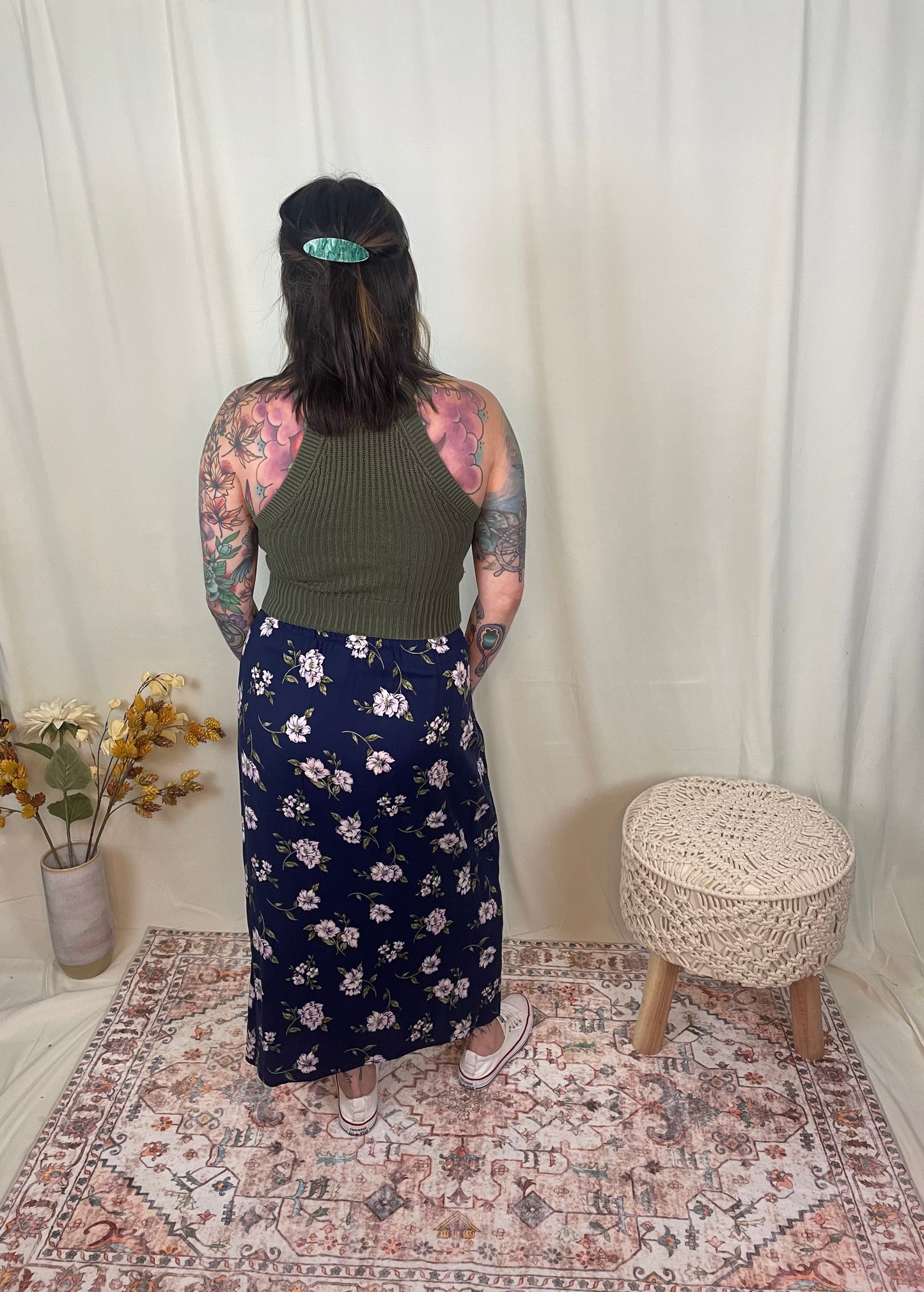 Navy, white flowered skirt